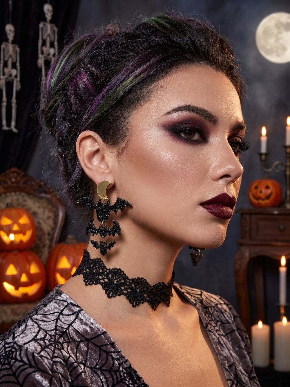 NWT Handmade Crescent Moon & Cascading Glitter Bat Dangle Earrings